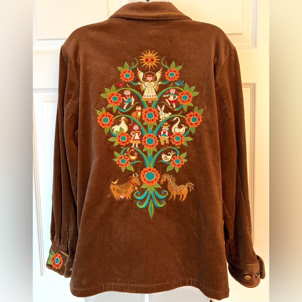 Bob Mackie Wearable Art Brown Corduroy Embroidered Button Down Shirt Top Medium - Picture 2 of 15